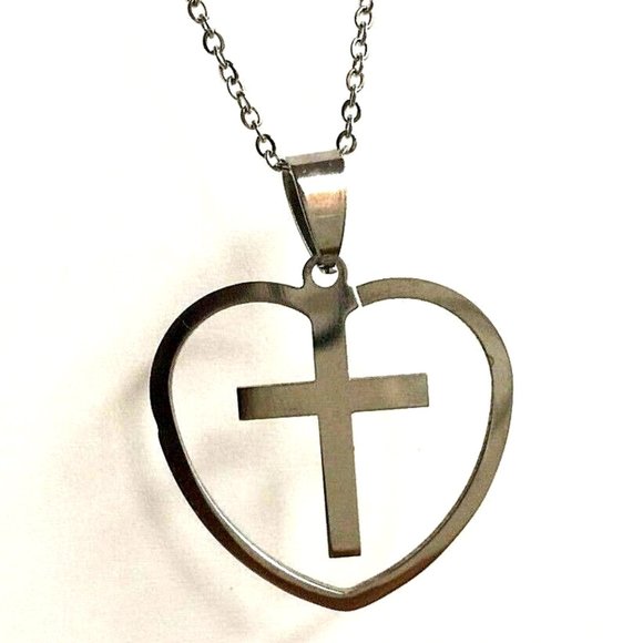 Sacred Heart Cross Necklace 24" Silver Stainless Steel Catholic Christian Gift - Picture 9 of 12